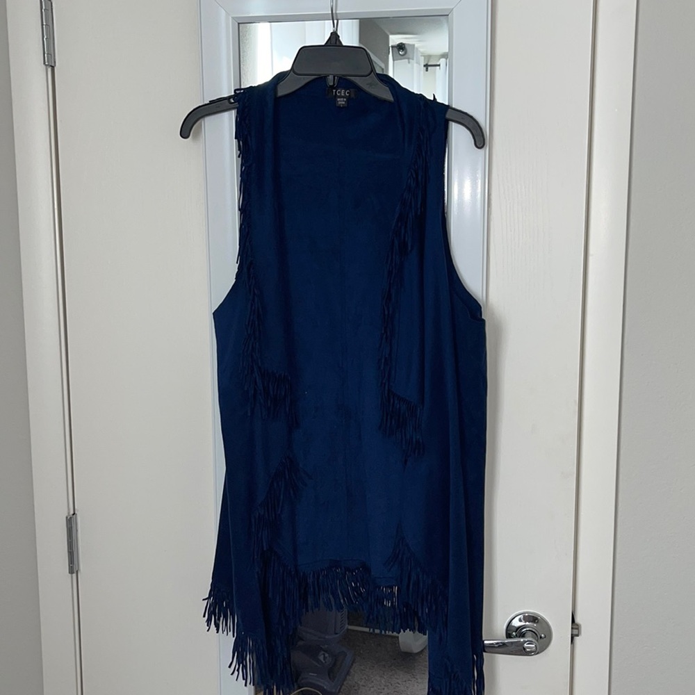 Long Navy blue suede Fringe Vest